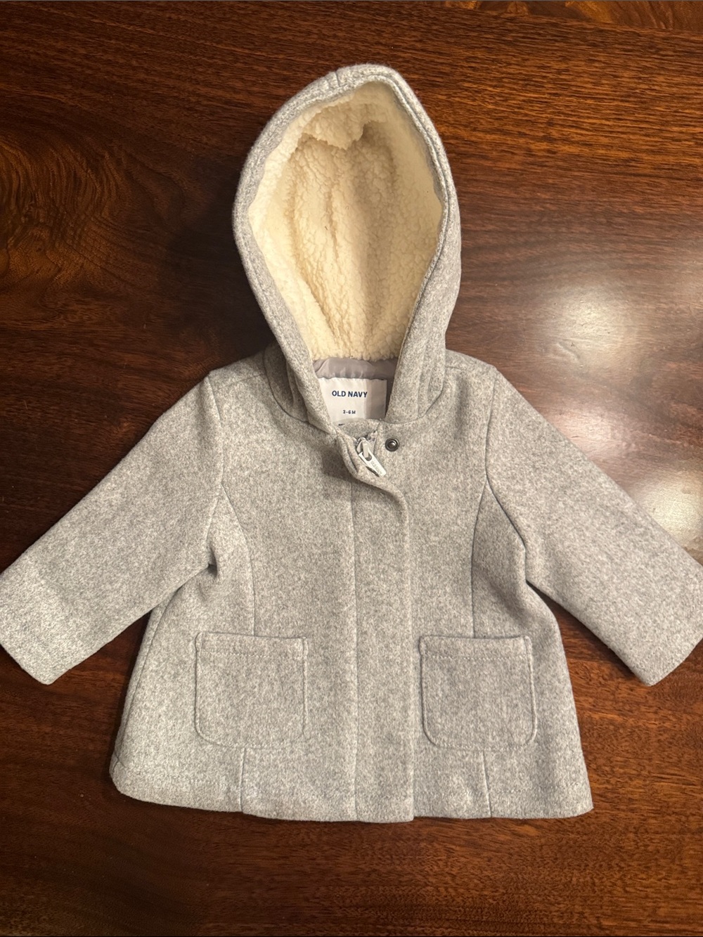 Old Navy Toddler Gray Hooded Wool-Blend Pea Coat with Cream Sherpa Lining